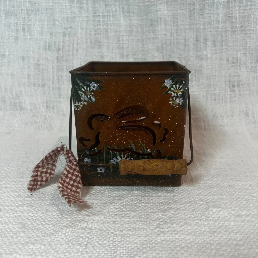 Vtg Bunny Cutout Tin Candle Holder Floral Handle Speckled Seasonal Decor Holiday